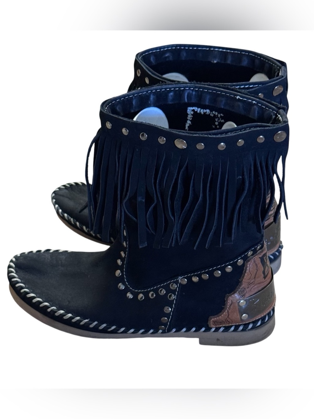 Rose Gonzales Black Studded Boots Moccasin Style Size 7 Removable Fringe Tassel